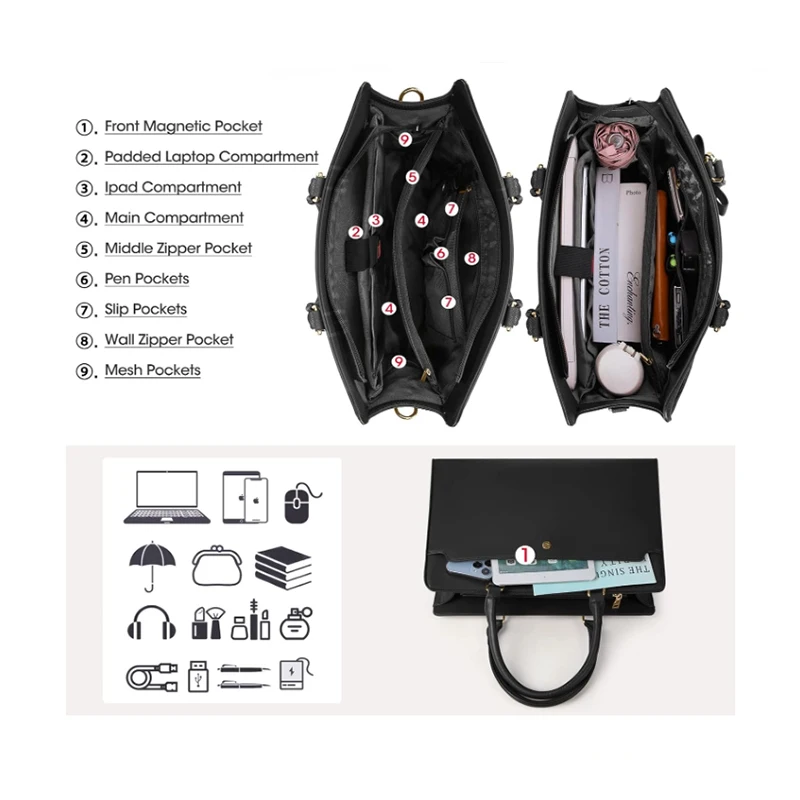 Large Capacity Laptop Bag for Women 15.6 Inch Laptop Tote Bag Leather Work Bag Waterproof Briefcase Business Office Computer Bag - Image 3