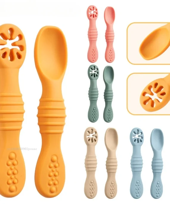 2pcs Baby Learning Spoons Set Baby Silicone Grinding Training Spoon Liquid Food Spoon Fork Utensils Baby Feeding Tableware