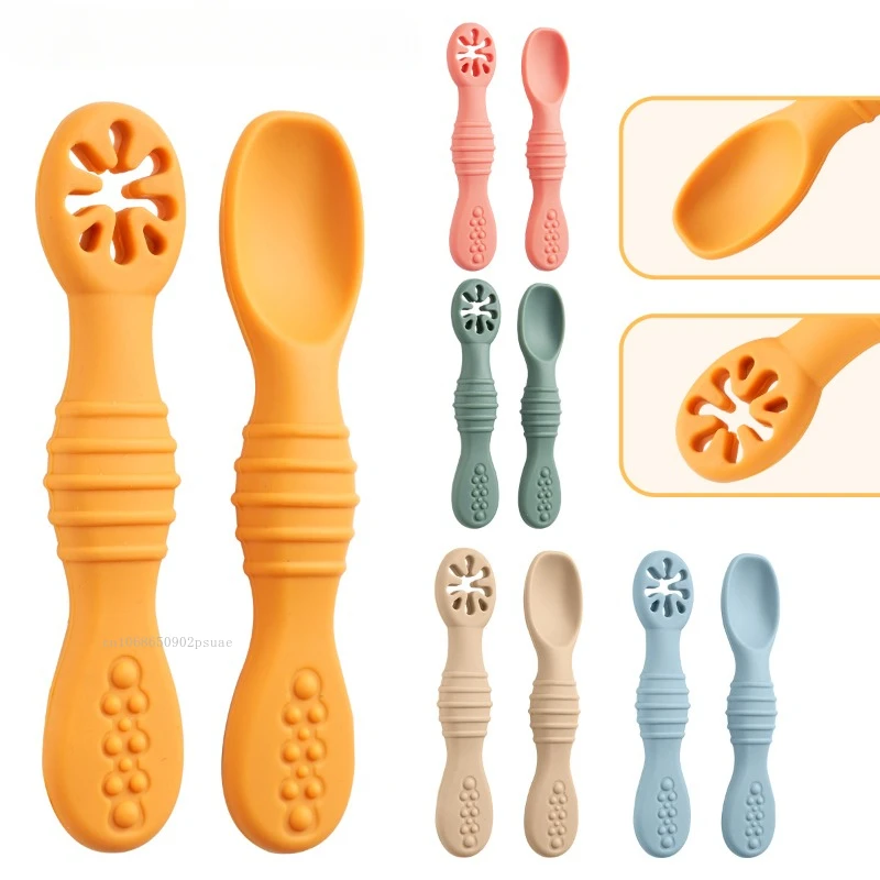 2pcs Baby Learning Spoons Set Baby Silicone Grinding Training Spoon Liquid Food Spoon Fork Utensils Baby Feeding Tableware