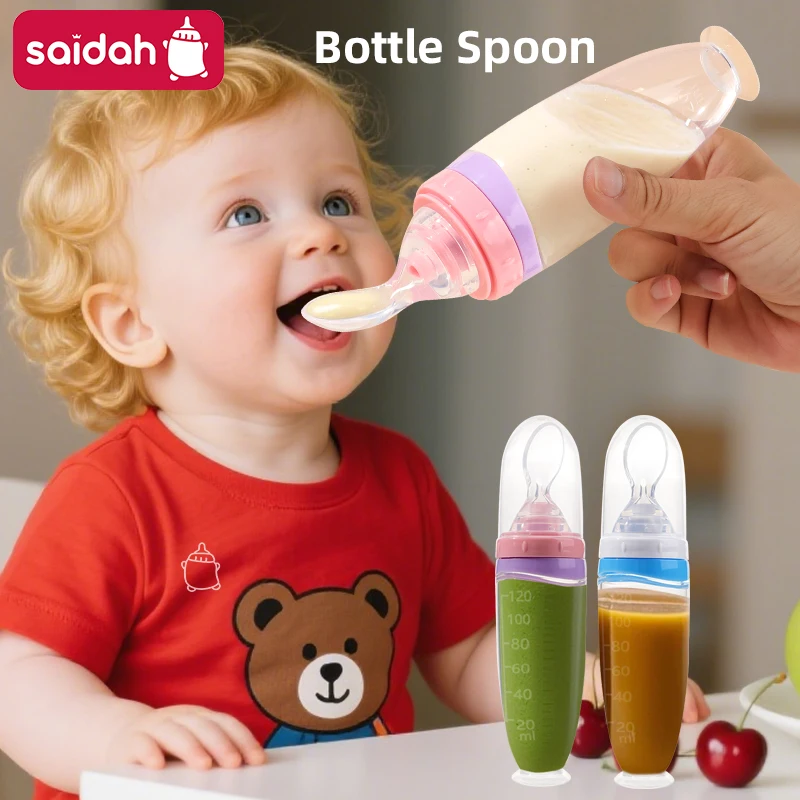 120 ml/4oz Infant Baby Liquid Silicone Food Squeeze Feeder | Fruit Puree & Rice Paste Dispenser | Detachable Spoon