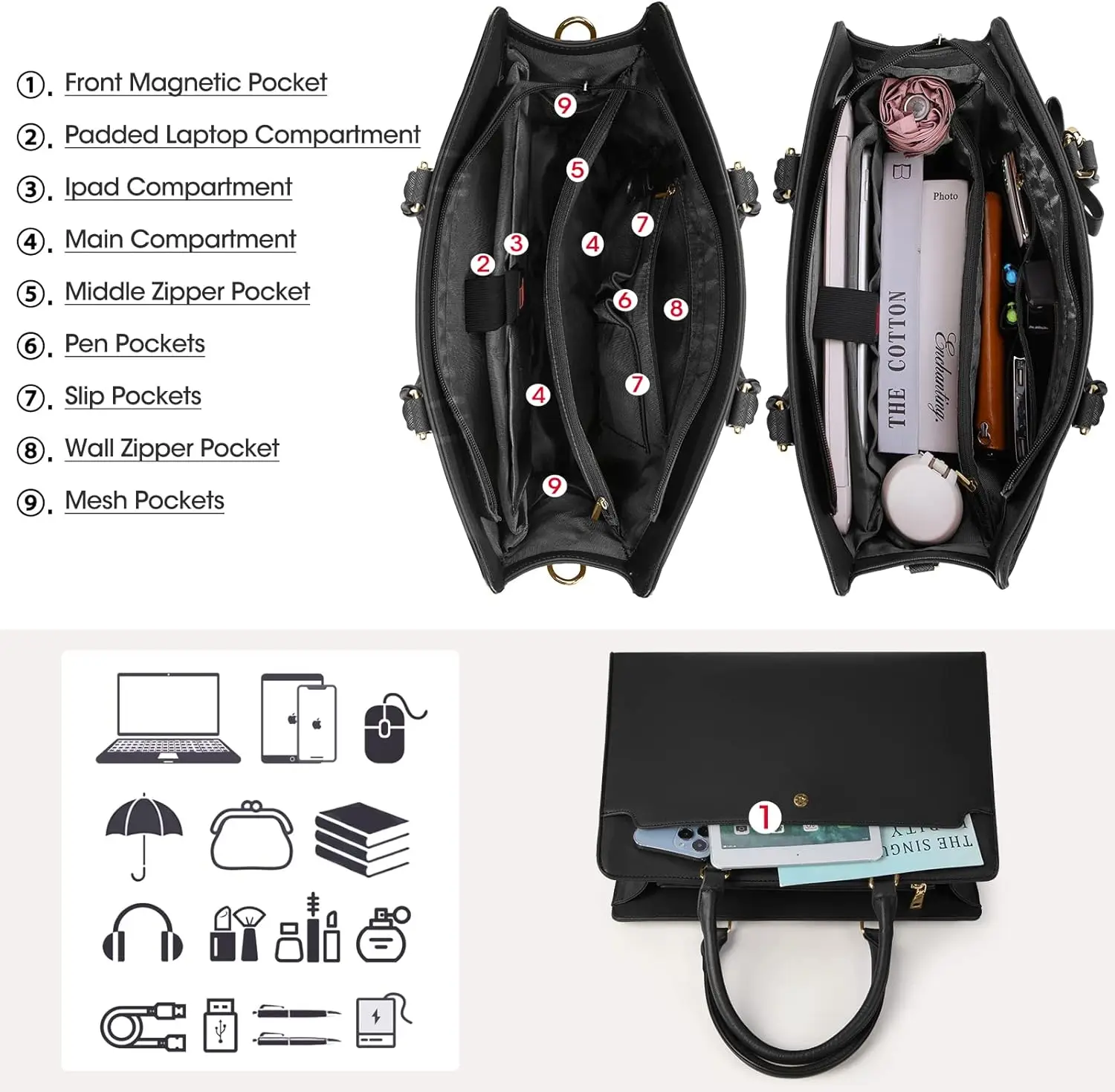Large Capacity Laptop Bag for Women 15.6 Inch Laptop Tote Bag Leather Work Bag Waterproof Briefcase Business Office Computer Bag - Image 12
