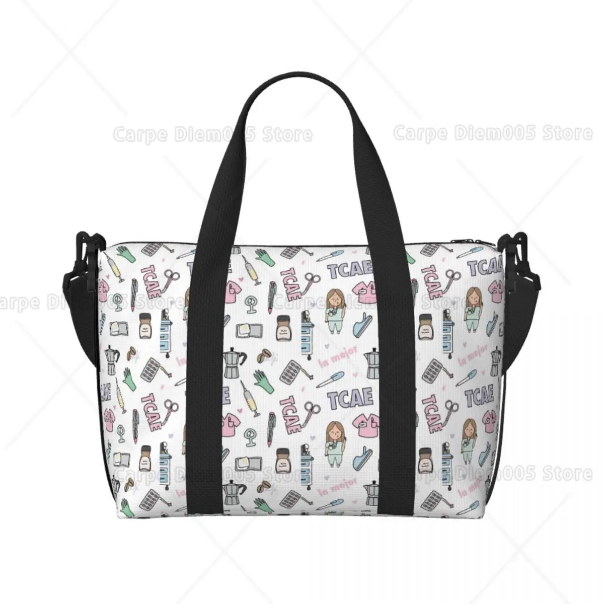 Nurse Doctor Pattern Tote Bag Women Cartoon Print Spots Shopper Shoulder Beach Gym Travel Bag Outdoor One Size