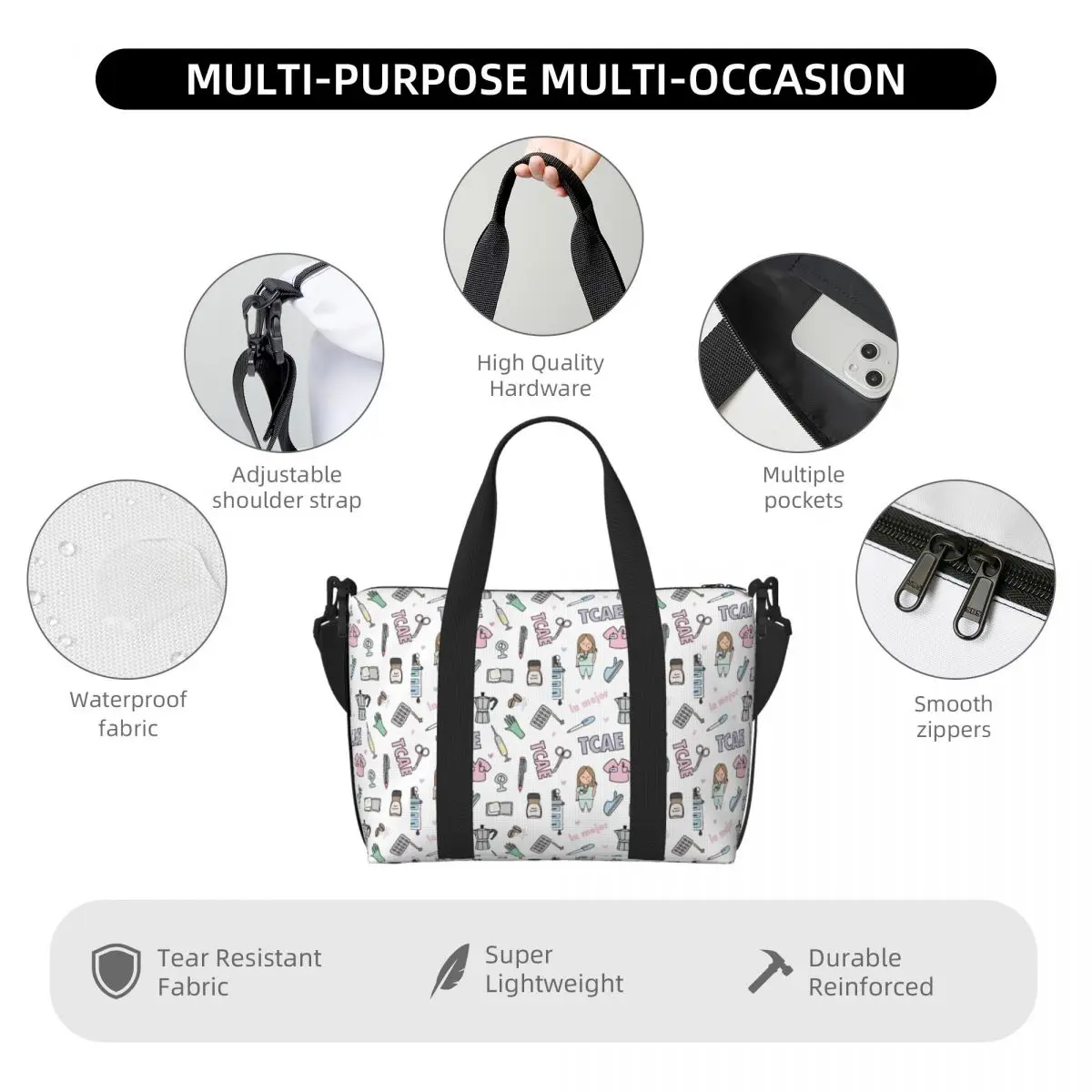 Nurse Doctor Pattern Tote Bag Women Cartoon Print Spots Shopper Shoulder Beach Gym Travel Bag Outdoor One Size - Image 4